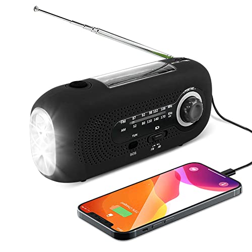 Wetterradio, Solarradio, Nothandkurbel Selbstbetriebenes AM/FM Solarwetterradio mit 5 LED-Taschenlampe, 2000 mAh Notstrombank für Smartphones, für Heim- und Campingbedarf (Schwarz)