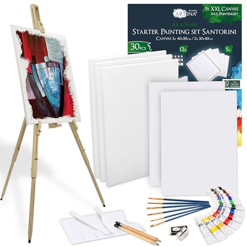 Artina 30tlg Malset Santorini inkl. Holzstaffelei für Leinwände bis 100 cm Malaga – Acryl Farben Set mit Keilrahmen, 12 Farben, Pinsel & Staffelei – Tragbare Feldstaffelei Einsteiger Hobbykünstler