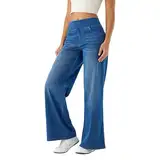 Jeans Damen Weites Bein Jeanshose Baggy Denim Hose mit Gummibund Stretch High Waist Jeanshosen mit 4 Taschen Bequeme Denimhose Straight Gerade Jeans Freizeithose