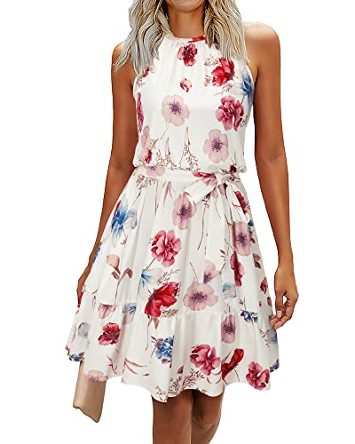 Newshows Sommerkleid Damen Knielang Elegant Kleid Neckholder Sommer Ärmellos Freizeitkleider mit Taschen(Floral-4, M)
