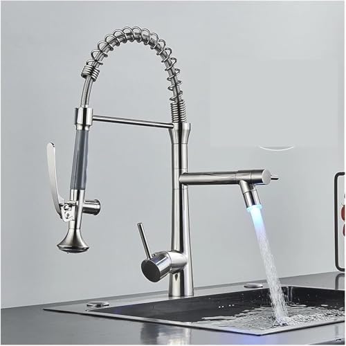 Mattschwarzer Küchenhahn mit LED-Beleuchtung, Doppelauslauf, Einhebel-Mischbatterie für Warm- und Kaltwasser, gebürstetes Nickel-Finish – Küchenmodernisierung