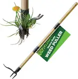 UYOE Weed Puller Tool,Stand Up Heavy Duty Weed Remover Tool, Foot Platform,4 Claw Aluminium Head Weeder Tool,Garden Hand Weeding Tool Smoothly Remove Weeds Without Kneeling (Root Head+Wooden Handle)