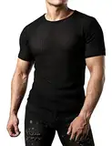 JOGAL Herren Netz Durchsehen Fitted Kurzarm Muskeln Top Schwarz Klein