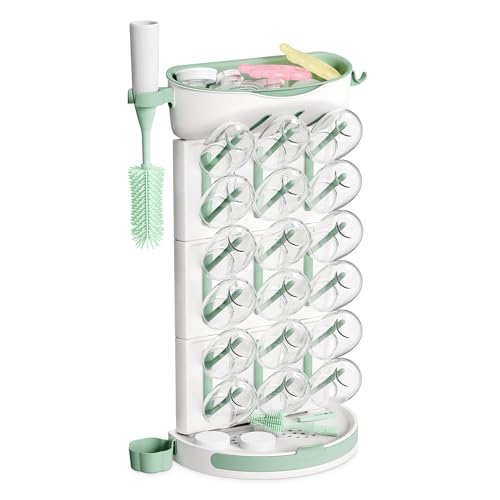 momcozy Premium Babyflaschen Trockenständer – Vertikaler Flaschenhalter für 18 Flaschen & Stillzubehör | Mit Reise-Set & Bürstenhalter (37x17x54 cm)