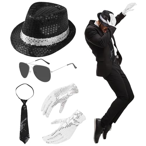 4Pcs MJ Kostümzubehör Set, 80er Jahre Tänzer Rocker Star Cosplay Kit mit Jazz Dance Hut Pailletten Handschuh Krawatte Sonnenbrille König von Pop Outfit für Erwachsene Dress Up Junggesellenacht Theme