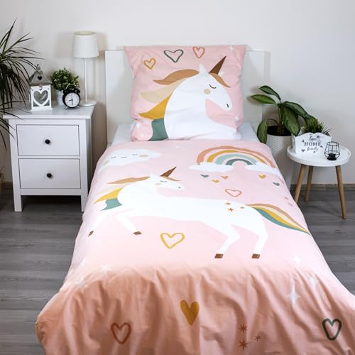 Theonoi Set 2 teilig Kinder Bettwäsche Bettbezug Wendebettwäsche 135x200 80x80 Baumwolle Kinderbettwäsche Öko-Tex Standard Deutsche Standardgröße (Unicorn)