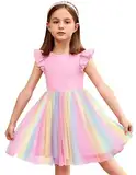 Arshiner Kleider für Mädchen Regenbogen Kleid Flatterärmeln Sommerkleid A-Line Partykleid Prinzessinenkleid Tutu Geburtstagskleid Ballkleid Rosa 110/5-6Jahre
