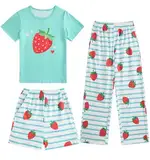 Fanient Mädchen Schlafanzüge Bunter Erdbeere Drucken Pyjama Dreiteiliger Pyjama Sets Kinder Kurzarm Nightwear Set 9-10 Jahre