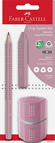 Faber-Castell 580082 - Bleistiftset Jumbo Grip, mit Bleistift, Radierer und Dreifachspitzdose, rose shadows, auf Blisterkarte