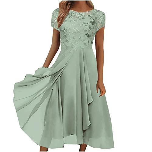 Kleider Damen Festlich Rundhals Festliche Lang A-Linie Abendkleid Cocktailkleid Schlank Sexy Elegant Sommer Hochzeitsgast Kleid Partykleid Swing Kurzarm Brautkleid Ballkleider