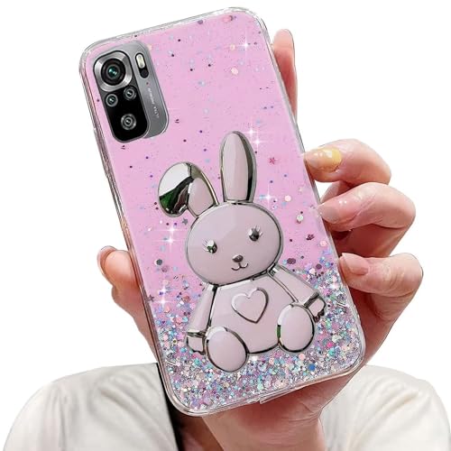 Tivenfezk Nadoli für Xiaomi Redmi Note 10 4G Herz Hase Versteckt Ständer Hülle,Karikatur Glitzer Ständer Weiche Silikon Bling Durchsichtig Schutzhülle,Rosa