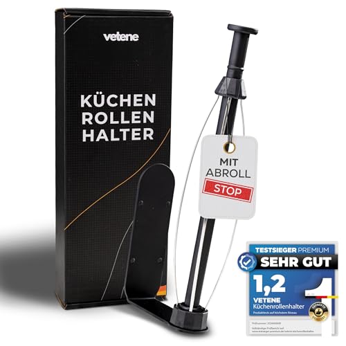 VETENE Premium Küchenrollenhalter ohne Bohren (Zum Einhändig Abreißen) – Edelstahl Schwarz mit Abroll-Stop – Zewa Rollenhalter – Küchenpapierhalter