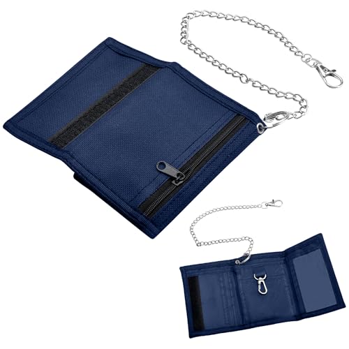 Geldbeutel Kinder Slim Jungen Portmonee Kinder mit Ketten Clip Reißverschluss, Faltbare Dreifache Wallet Unisex Portemonnaie Portmonee für Münztasche Kartenhalter Geschenke(Marineblau)