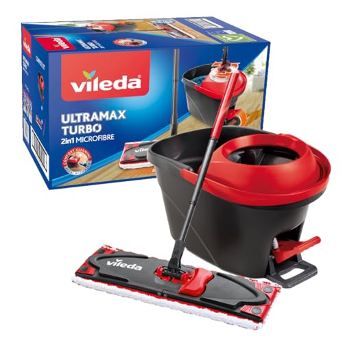 Vileda Ultramax Turbo 2in1 Bodenwischer Komplett Set, Wischmopp mit Stiel, Mikrofaserbezug und Eimer mit Powerschleuder, für alle Hartböden, Stiellänge 75-130cm