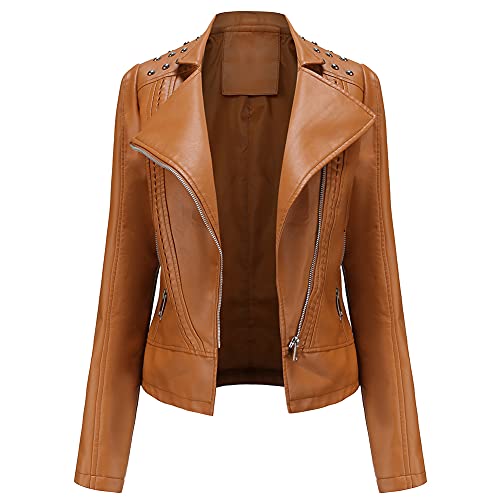 YFFUSHI Damen Lederjacke Kurz Slim PU Leder Jacke Reverskragen Lange Ärmel Übergangsjacke Reißverschluss Biker Lässig,Braun,M