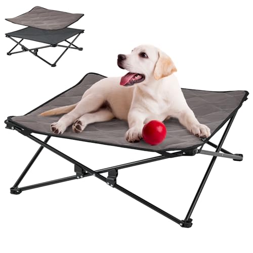 KingCamp Erhöhtes Hundebett Hundeliege Outdoor Haustierbett Haustierliege Atmungsaktivem Mesh & Wildledermatte & Rutschfesten Füßen für Reisen Garten Outdoor Indoor, Schwarz 77 x 77 x 30 cm