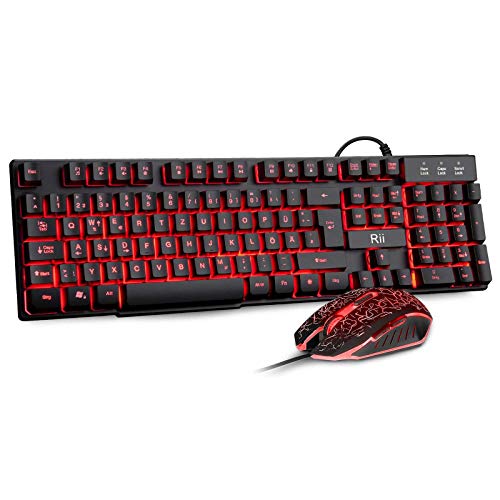 Rii Gaming Tastatur und Maus Set, 3 LED Hintergrundbeleuchtung, ideal für Gaming und Büro, kompatibel mit PC (DE-Layout, Schwarz)