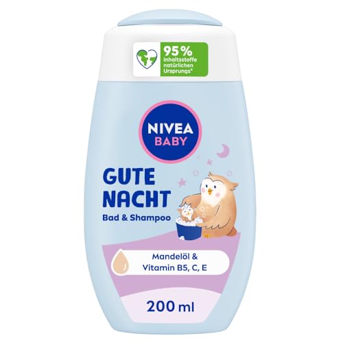 NIVEA BABY Gute Nacht Bad & Shampoo, mildes Babyshampoo & Duschgel mit Mandelöl, Vitamin E, B5 und C, beruhigendes Baby Shampoo mit hypoallergener Formel und hautfreundlichem pH-Wert (200 ml)