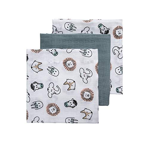 Meyco 452019 Mull/Musselin Windel 3er Set, 70x70cm ANIMAL-UNI Stone Green-Weiss