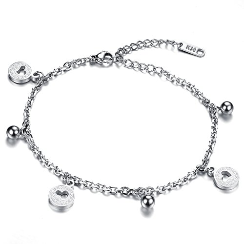 JewelryWe Damen Armband Fußkette Rund: Edelstahl Herz Kreis Glöckchen Charm Armkette Fußkettchen Verstellbar Geschenk für Frauen Mädchen Silber