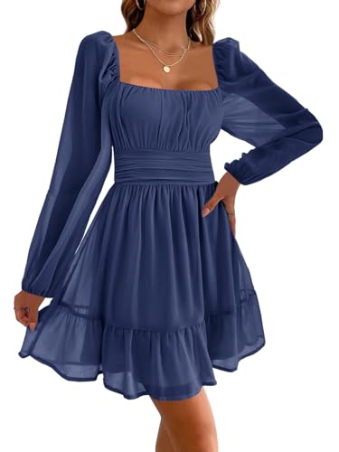 Imily Bela Damen Kleider Square Neck Partykleid Mesh Minikleid High Waist Falten Langarmkleid Hochzeitsgast mit Rüschen(Dunkelblau, S)