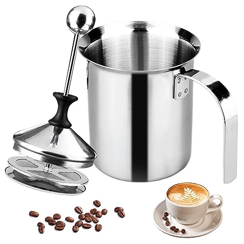 400ml Edelstahl Double Mesh Milchaufschäumer Manuell, 304 Edelstahl Hand Milschäumer, Speziellem Drückmechanismus, Milk Frother zur Herstellung Von Kaffee Cappuccino Schaummilch
