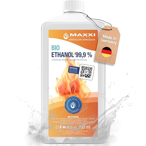 Maxxi Clean | 750 ml Bioethanol für Tischkamine | Made in Germany | geruchsneutral und rußfrei bei Indoor,- und Outdoor Ethanol-Kaminen | geeignet für Raum,- und Gartenfeuer mit Alkohol-Kamin