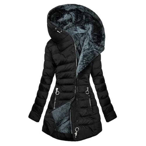 EMATOP Steppjacke Damen Lang Warmer Winterjacke Gefüttert Fleece Daunenjacke Baumwolle Elegant Pufferjacke Langarm Casual Fleecejacke mit Kapuze Wintermantel Winter Outdoor Trachtenjacke