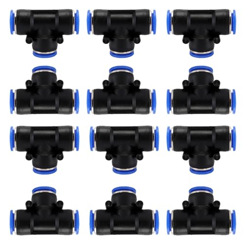 12 Stück 3-Wege-Pneumatikarmaturen, T-Stück zum Verbinden von Armaturen, pneumatische Schläuche, Schnellentriegelung, PE-Luftleitungsadapter für Rohrleitungen (10 mm)