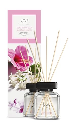 ipuro - Essentials Raumduft FLOWER BOWL 200ml | Raumerfrischer mit Blumenduft, Mandarine, Bergamotte, Jasmin, Veilchen & Zedernholz Duft Aroma | Diffuser mit Stäbchen | Lufterfrischer für die Wohnung