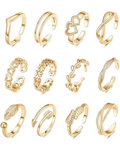 KGDUYC 12 Stück zehenring,zehenring gold,Gold Gefüllte Zehenringe für Damen Blumenherz Offene Zehenringe Daumenringe Verstellbare Ring Gold Zehenringe Set Sommer Strand Fußschmuck