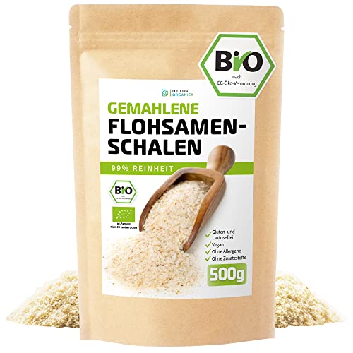 Flohsamenschalen Gemahlen Bio 500g, 99% Reinheit in Deutschland kontrolliert und abgefüllt, Vegan Glutenfrei Ballaststoffreich Low Carb, Flohsamen von Detox Organica, Pulver