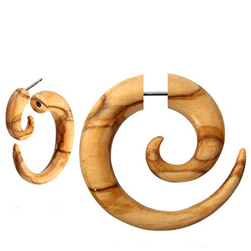 Fake Spirale Lobe Piercing Edelstahl Ohrstecker Dehnschnecke Holz Ohrring Dehner | Dehnspirale unisex Frauen Männer | 6mm 8mm Chirurgenstahl Steckverschluss Schraubverschluss Ohr Tribal hellbraun