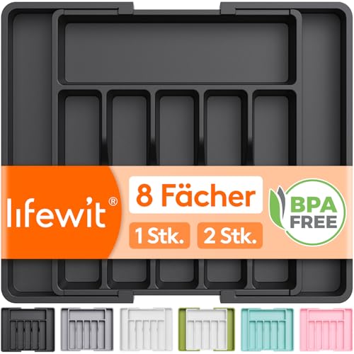 Lifewit Besteckkasten für Schubladen,verstellbarer Besteckhalter Utensilienhalter für Küchenschubladen, Schubladeneinsatz Besteckeinsatz für Küche Organizer aus Kunststoff für Löffel,Gabeln, Schwarz