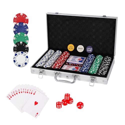 homeguru Pokerset inkl. 2X Pokerdecks, 5X Würfel, Dealer/Small Blind/Big Blind Button, Pokerspiel Alu Pokerkoffer mit 300 Chips Laser Pokerchips Set, Kartenspiele Aluminium Kasino Silber