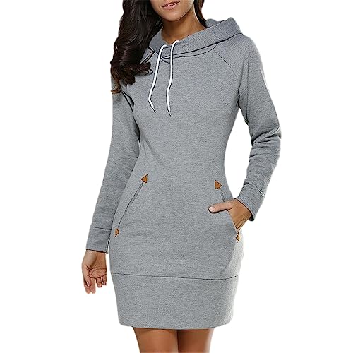 Frauen Casual Zipper Taschen Hoodies Kleid Vintage Solide Sweatshirts Mini Kleid Pullover Gray S