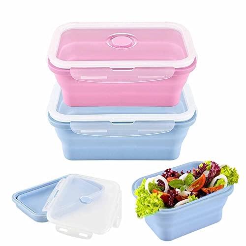 Faltbare Brotdose, 2 Stück Collapsible Food Container, 800 ML Faltbare Lunchbox, Faltbare Frischhalteboxen mit Deckel, Foldable Food Container Geeignet für Camping Picknick Büro Küche(Blau+Rosa)