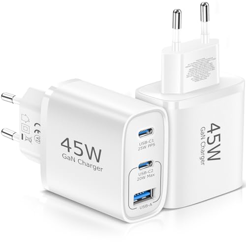 USB C Ladegerät 45W GAN 2er-Pack Netzteil für Samsung/iPhone/iPad,3-Port-Typ-C-USB Mehrfach PPS Schnellladegerät für iPhone 16 15 14 Pro Max 13 12, Samsung Galaxy S24/S23/S22/S21 Pixel Handys(WeißZ)