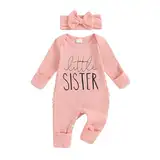 Yassiglia Baby Mädchen Langarm Strampler Neugeborene Gerippte Overall Brief Druck Jumpsuit Kuschelig Kleidung Set Weicher Schlafanzug + Stirnband (Little Sister, 0-3 Months)