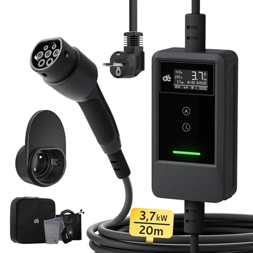 dé Ladekabel Elektroauto Typ 2 Schuko 3,7kW [20m, 6-16A] EV Charger Mit Kabelhalter und digitalem LCD - EV Ladegerät für e Auto Model 3/Y, ID.3/4/5, MG4, Q4, GLA, Zoe und Anderen PHEV/EV