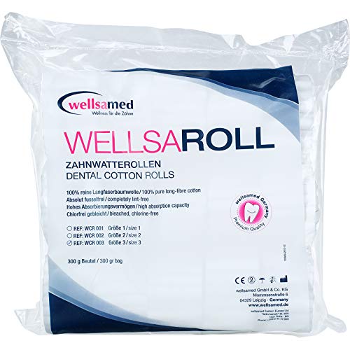 Wellsamed wellsaroll Zahnwatterollen Größe 3 (12 mm), 300 g Dental Watterollen, Verbandwatte aus 100% Baumwolle, Cotton Rolls hochweiß