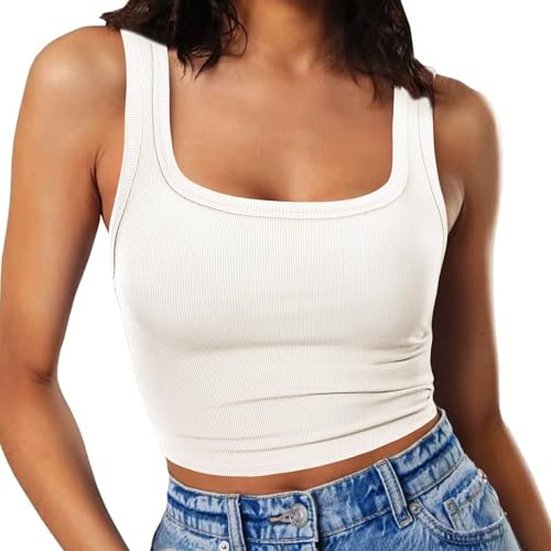 RIROW Damen Ärmelloses Tank Top Slim Fit Quadrat-Ausschnitt Geripptes Basic Oberteil L Weiß