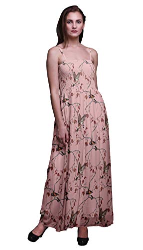 Bimba Trockene Blätter & American Stieglitz Vogel gedruckte Frauen Georgette Smok-Bügel-Kleid-Small-Rosa