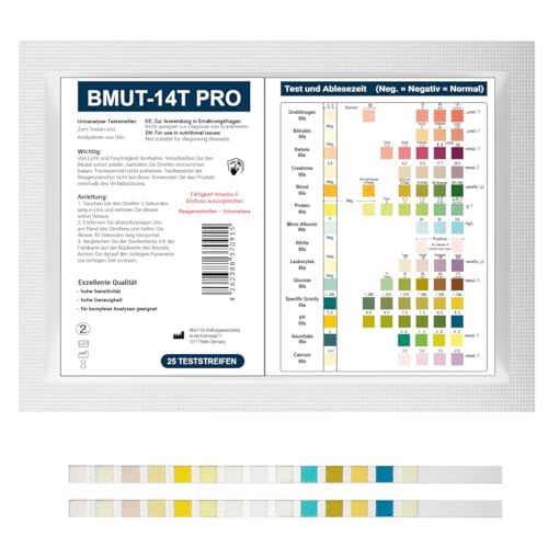 25x Gesundheitstest 14in1 Urin Teststreifen für 14 Indikatoren für Ernährung & Bewusstsein Analyse – Glucose, Keton - Urinanalyse