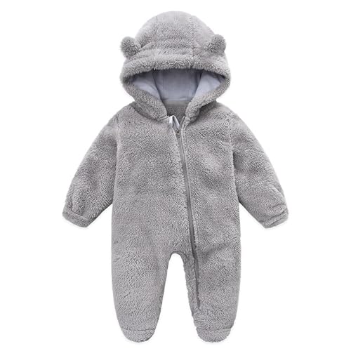 Yassiglia Baby Jungen Mädchen Strampler Herbst Winter Plüsch Overall Niedlich Bärenohr Schneeanzug Neugeborene Warmer Jumpsuit mit Kapuze und Reißverschluss (Grau, 0-3 Months)