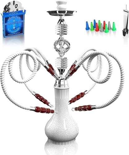 Shisha Komplettset mit 4 Schläuchen, 22'' Großes Shisha Kit für bis zu 4 Personen mit allem inklusive, Keramikschüssel | Premium-Schlauch| Schöne Glasvase (Weiß GF1)