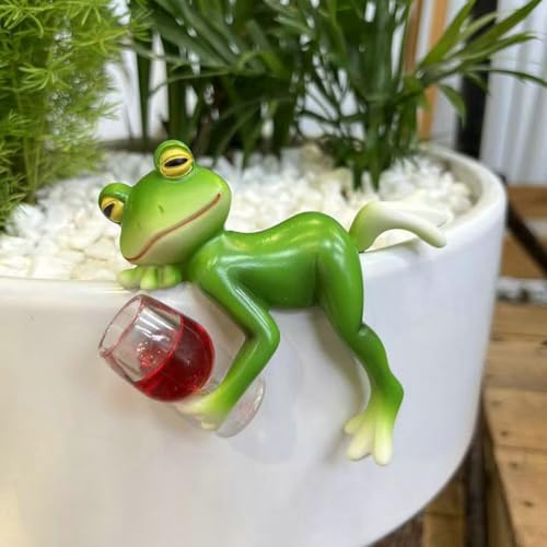 JARPSIRY Lustiger Trinkfrosch Statue Blumentopf Hugger Harz Hängende Frosch Figur Übertopf Dekorationen für Haus Garten Zaun Balkon Terrasse Rasen Hof Ornamente (trinkender Rotwein)