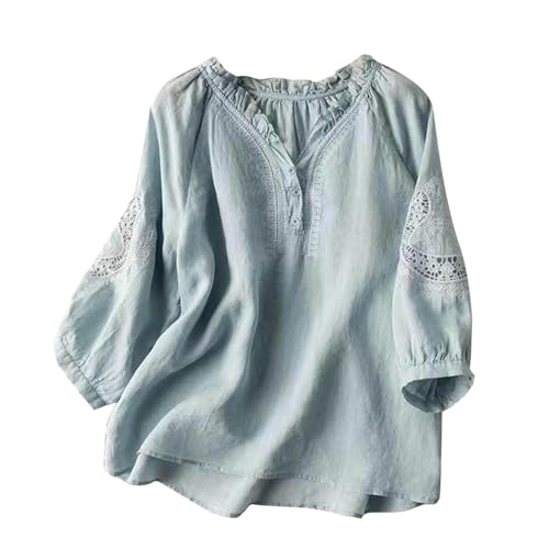Damen-Shirt, 3/4-Ärmel, modisch, bestickt, Knopfleiste, Revers, lockere Blusen, Sommer, leicht, dünn, Stil 2, Blau, XXL