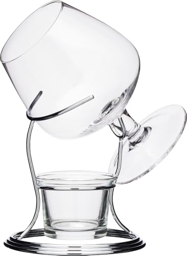 BarCraft Geschenkset Brandyglas und Wärmer, 350 ml Glas, Teelichthalter und Ständer aus Metall, 3-teiliges Set, Durchsichtig, Silber