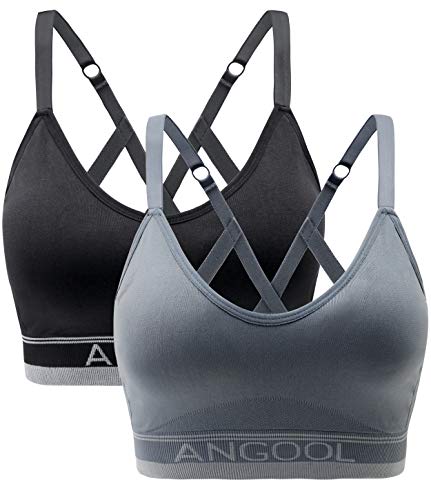 ANGOOL Sport BH Damen Einstellbarer Schultergurt Sport Bustier Damen Gepolstert Starker Halt Nahtlose Joggen Yoga Fitness Bra, 2er Pack, Schwarz + grau, M